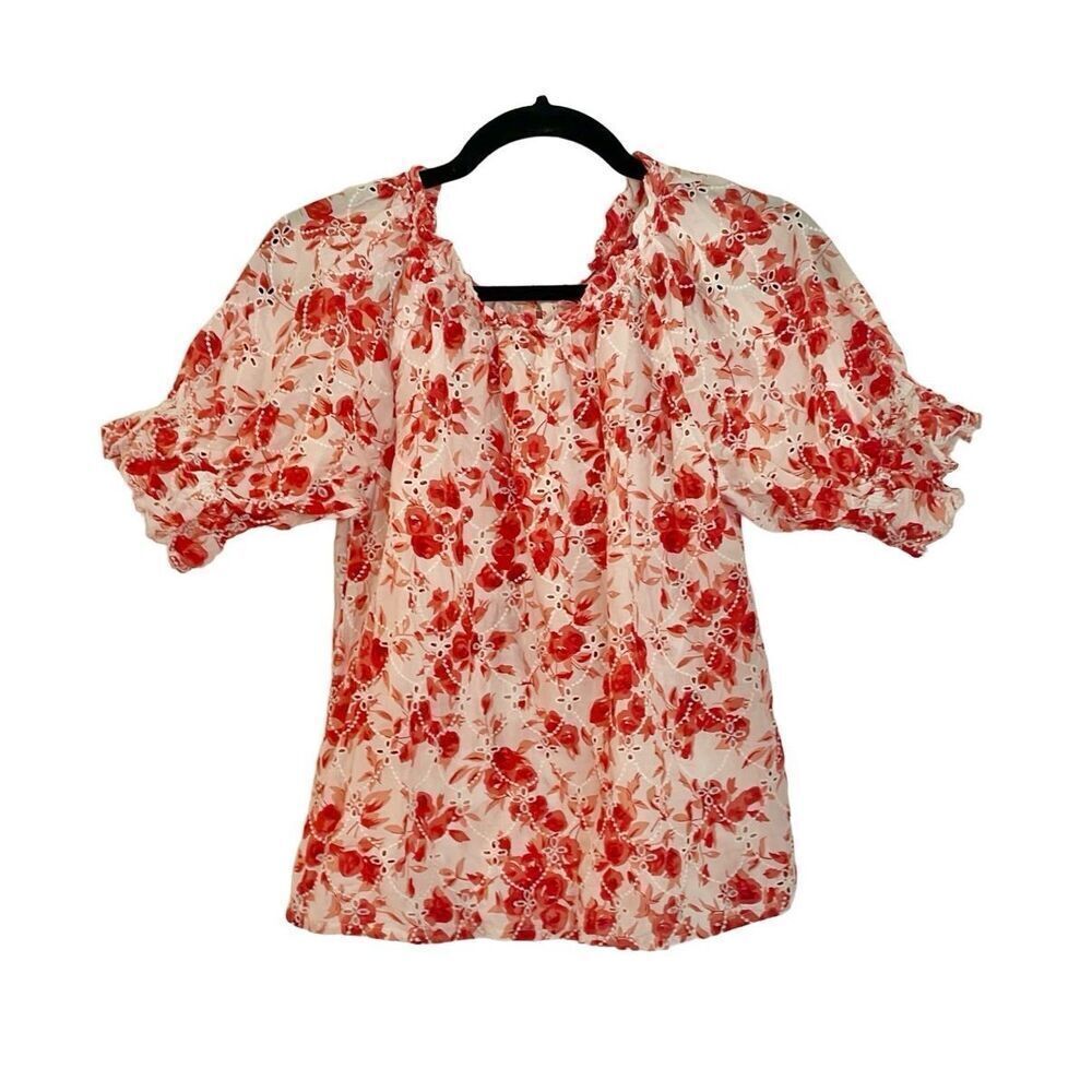 Jennifer & Grace orange floral eyelet puff sleeve top small - Picture 2 of 9